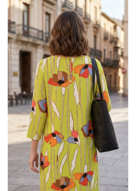 Parole Vestido Garden cuello caja pistacho estampado