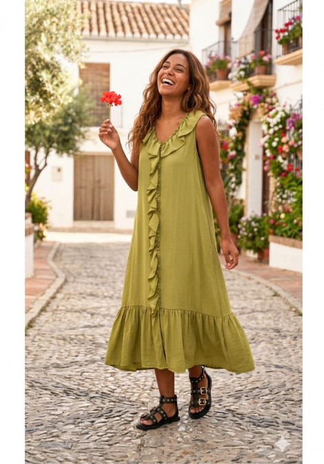 Scusi Vestido largo pistacho con volantes