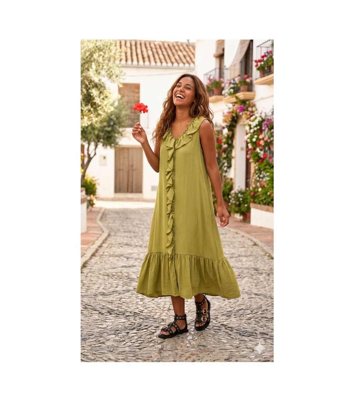 Scusi Vestido largo pistacho con volantes