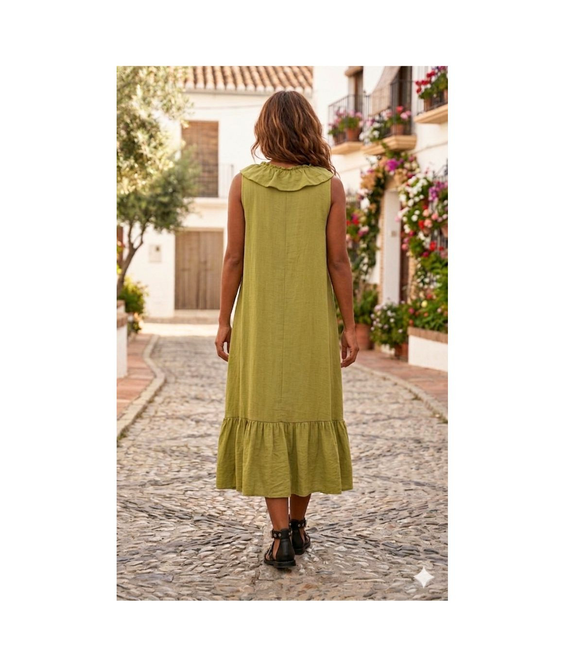 Scusi Vestido largo pistacho con volantes