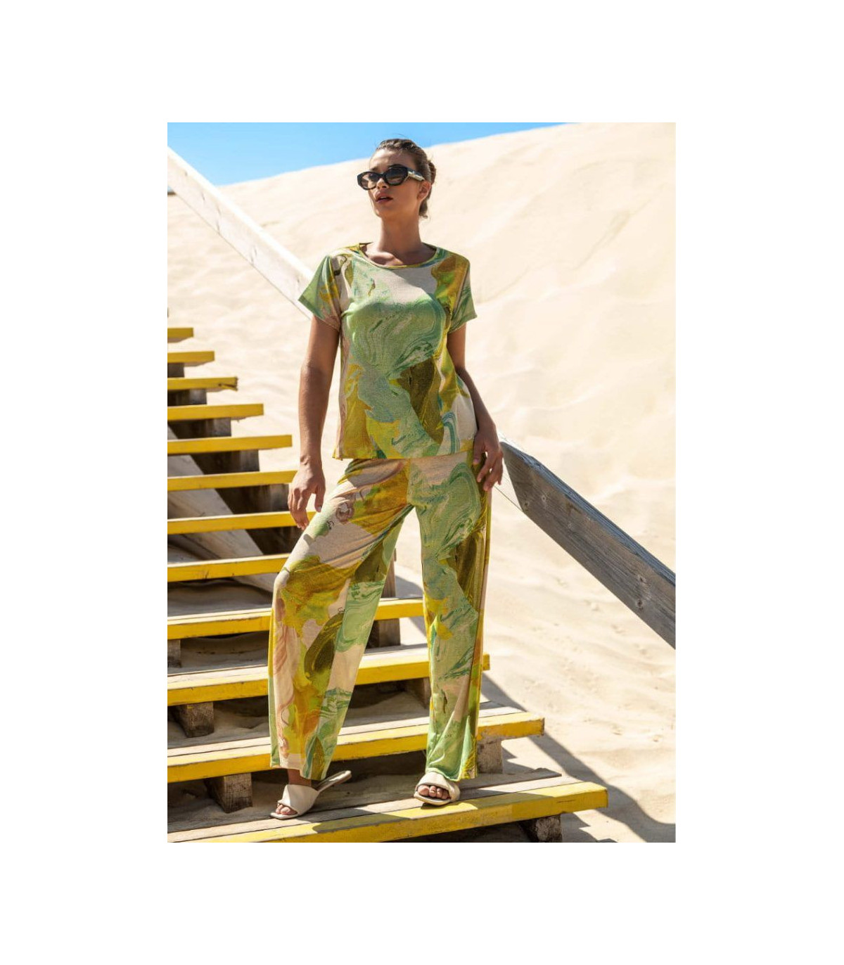 Scusi Pantalón palazzo estampado verde lurex