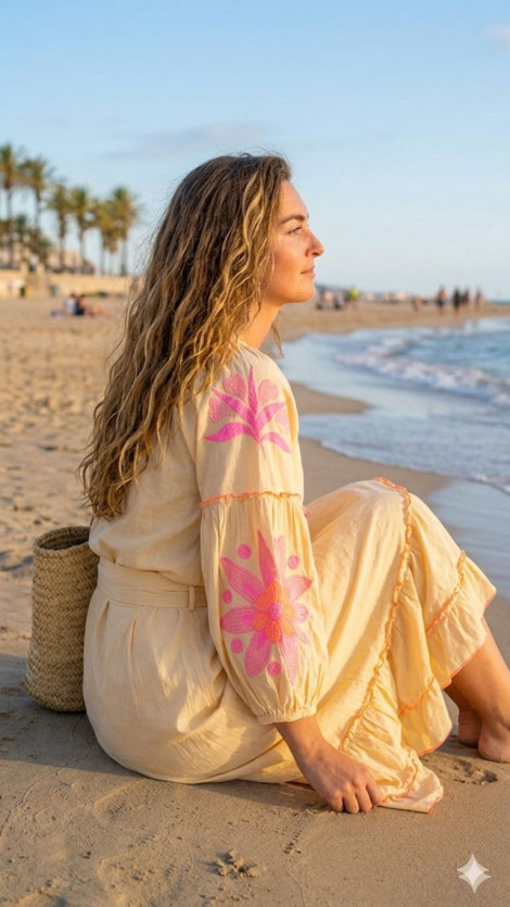 Tartaruga Blusa Gerbera crema con bordado y borlas