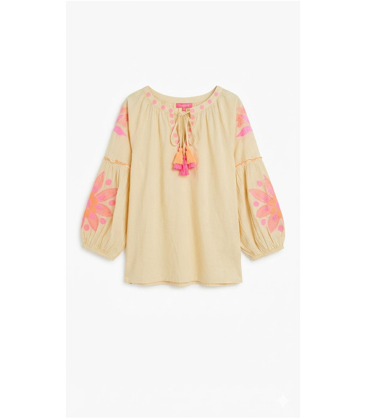 Tartaruga Blusa Gerbera crema con bordado y borlas