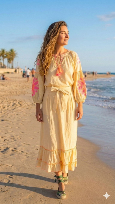 Tartaruga Blusa Gerbera crema con bordado y borlas