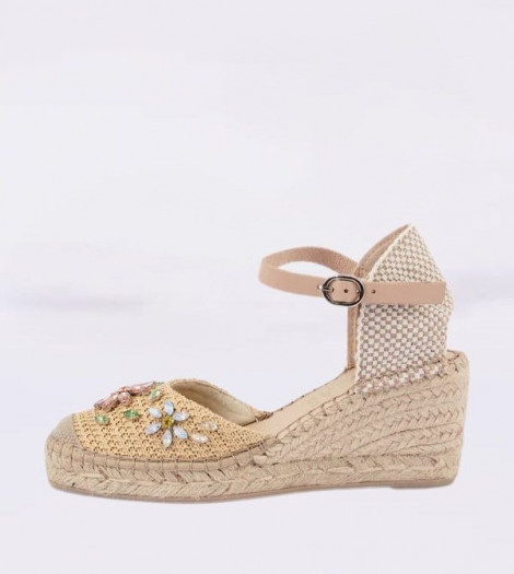 FABIOLAS Cuña Luna beige de rafia y joyas