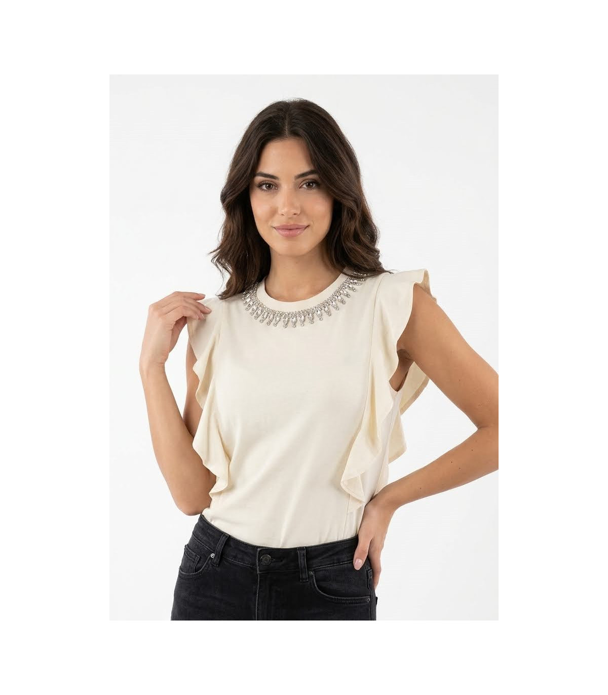 Silvian Heach Blusa de volantes con efecto collar joya
