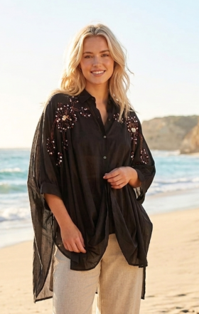 Dixie Camisa negra oversize con bordado de lentejuelas