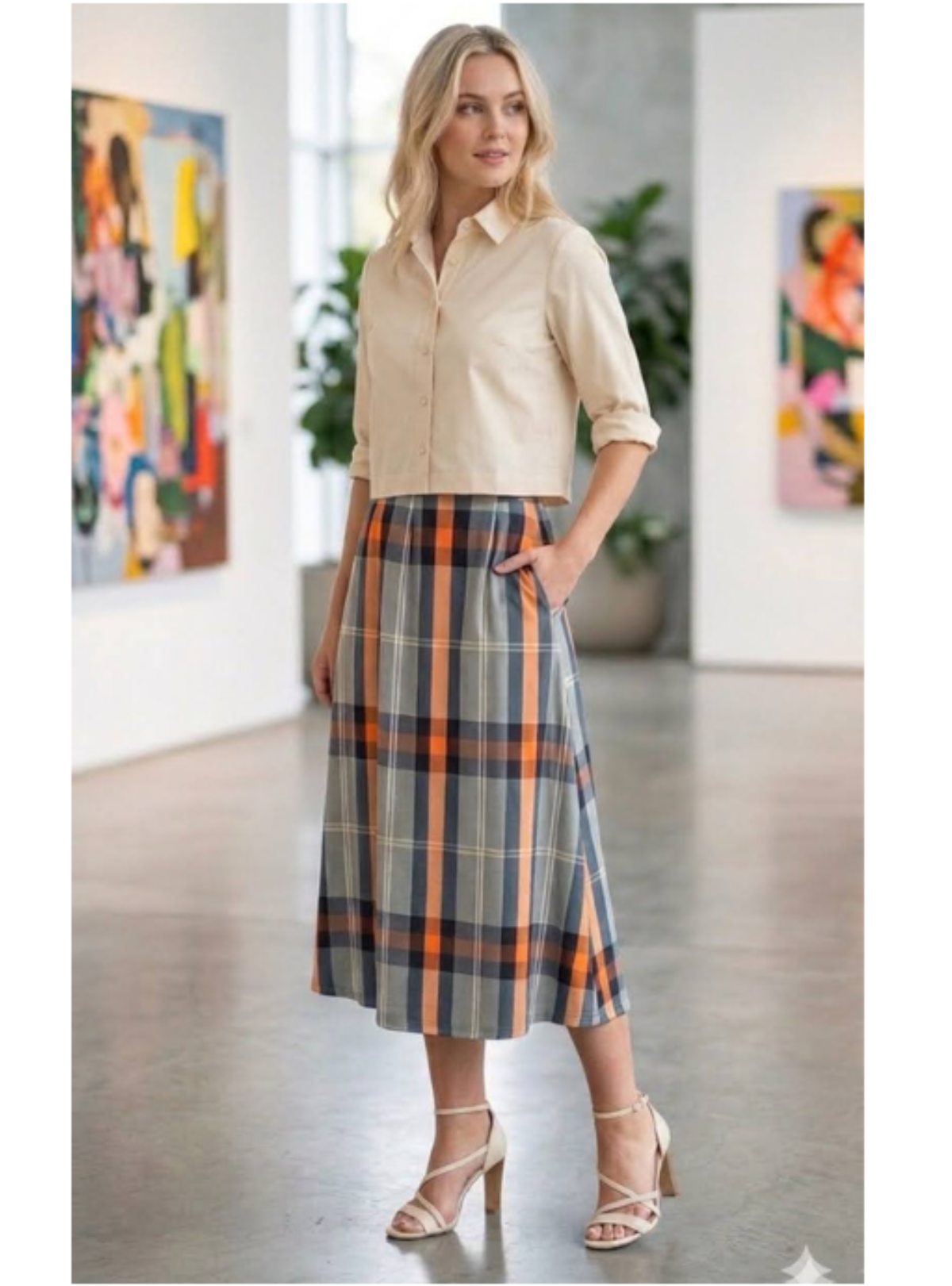 Parole Falda midi estampado cuadros naranja