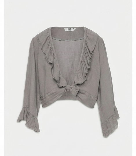 BSB Blusa de lino envolvente con lazada y volantes