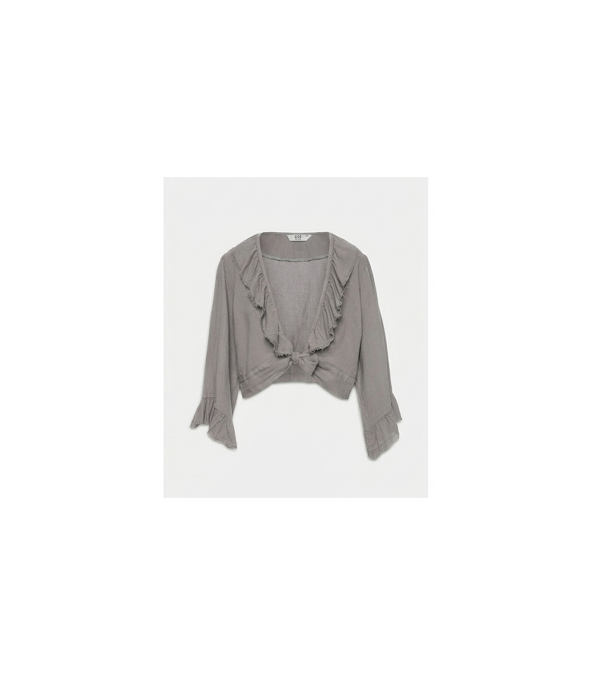 BSB Blusa de lino envolvente con lazada y volantes