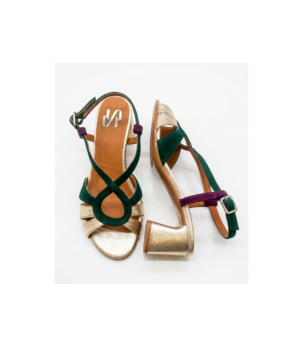 Vosso Moda Sandalia de tacón oro-esmeralda