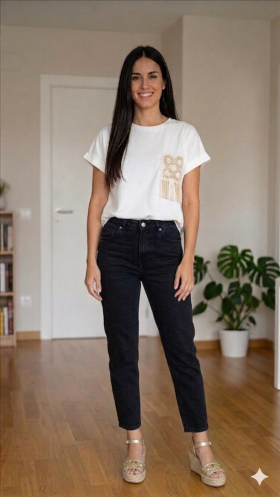 Markup Woman Camiseta blanca con bolsillo de flecos