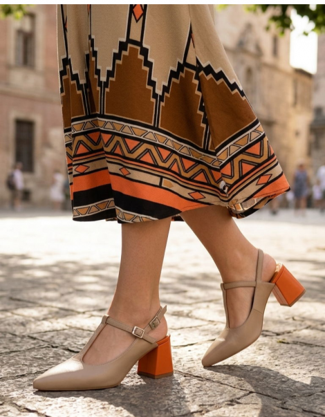 Vosso Moda Zapato taupe con tacón bloque naranja