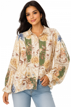 Amosa Camisa estampada de mangas abullonada y detalle de puntilla
