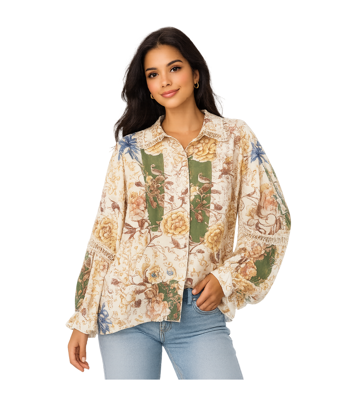 Amosa Camisa estampada de mangas abullonada y detalle de puntilla