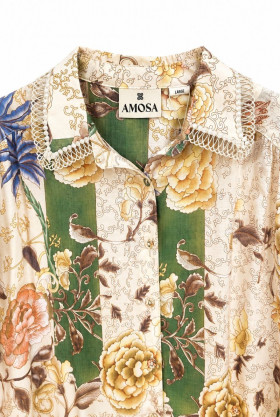 Amosa Camisa estampada de mangas abullonada y detalle de puntilla