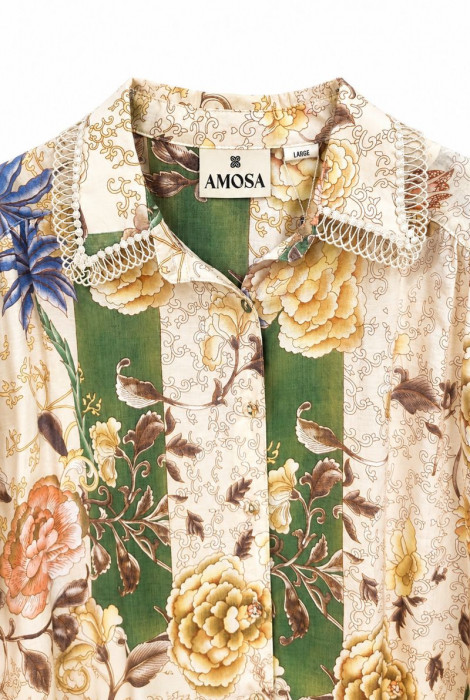 Amosa Camisa estampada de mangas abullonada y detalle de puntilla