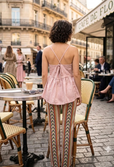 Kélie París Top de raso color rosa con tirante cruzado