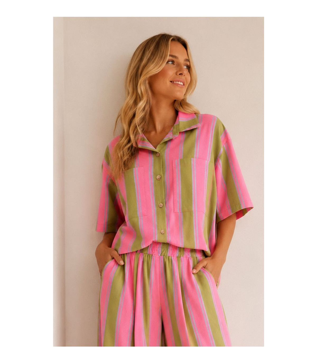Poeme Camisa amplia de rayas rosa-verde