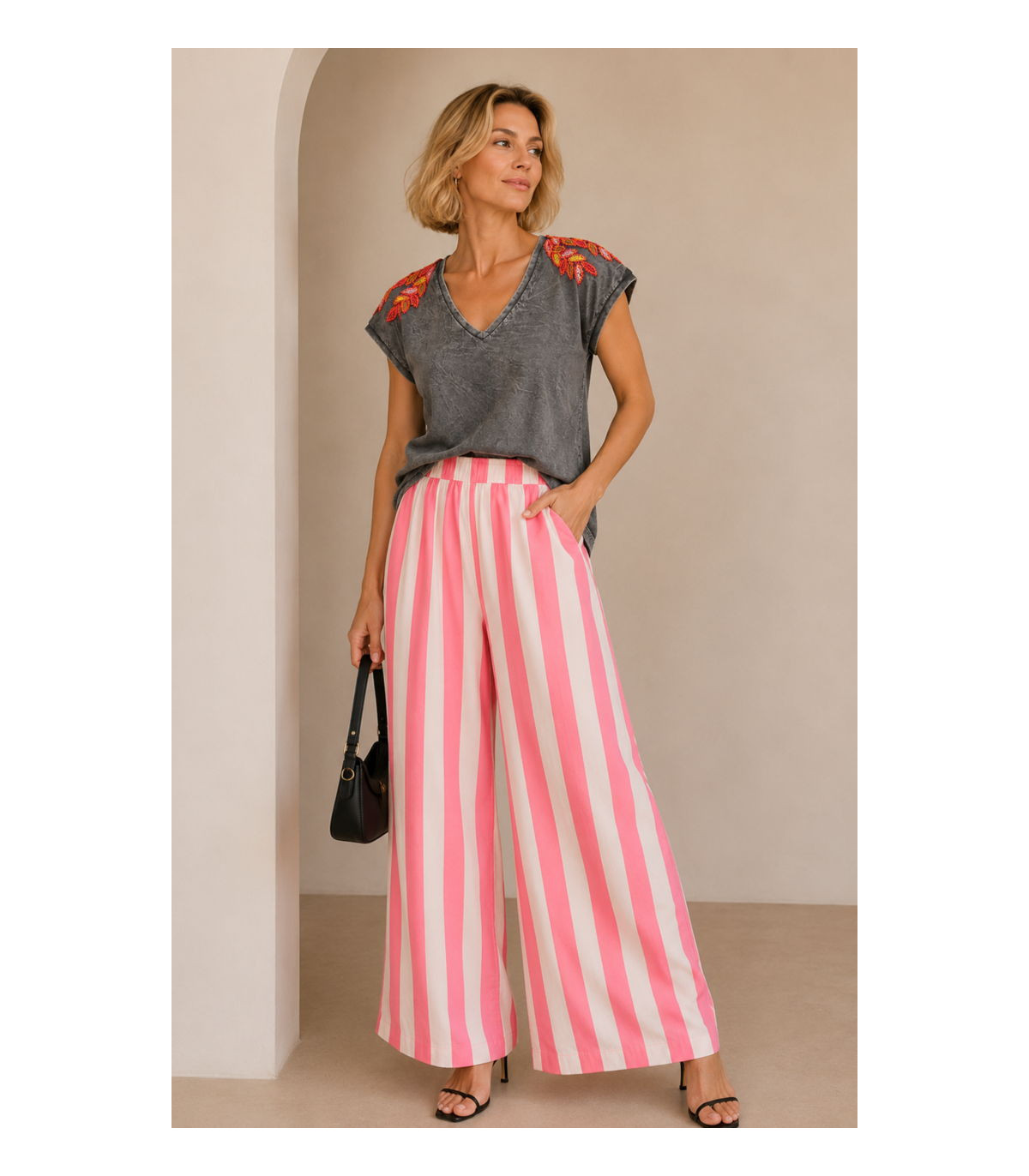 Poeme Pantalón amplio estampado rayas rosa-blanco