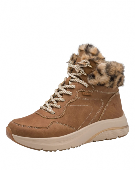 Tamaris Botín piel camel con pelo leopardo