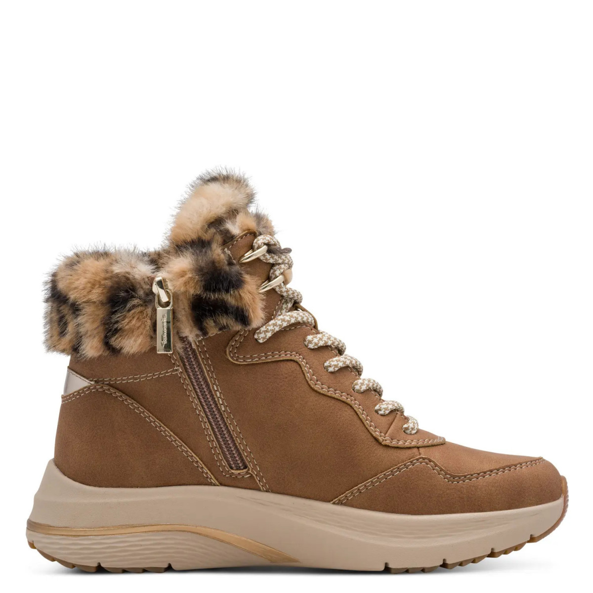 Tamaris Botín piel camel con pelo leopardo