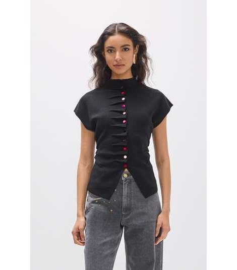 Lola Casademunt Chaleco de punto negro y botones multicolor