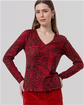 SURKANA Jersey burdeos cuello V y estampado damasco
