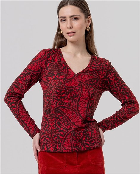 SURKANA Jersey burdeos cuello V y estampado damasco