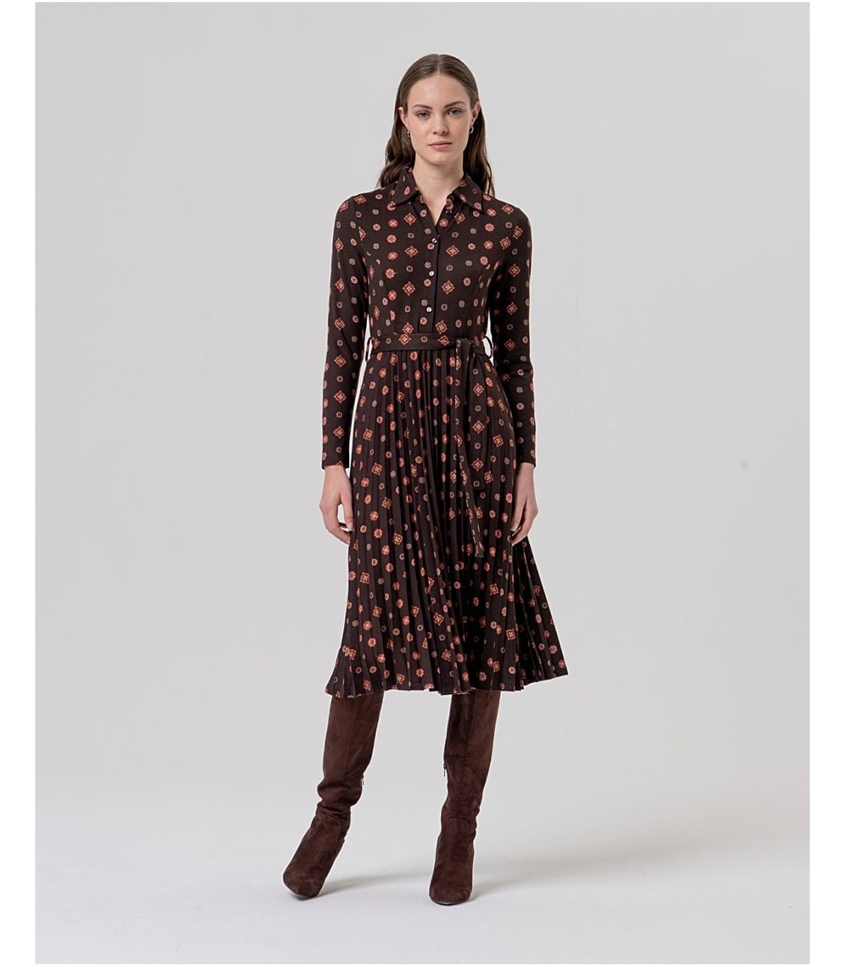 SURKANA Vestido camisero plisado estampado retro
