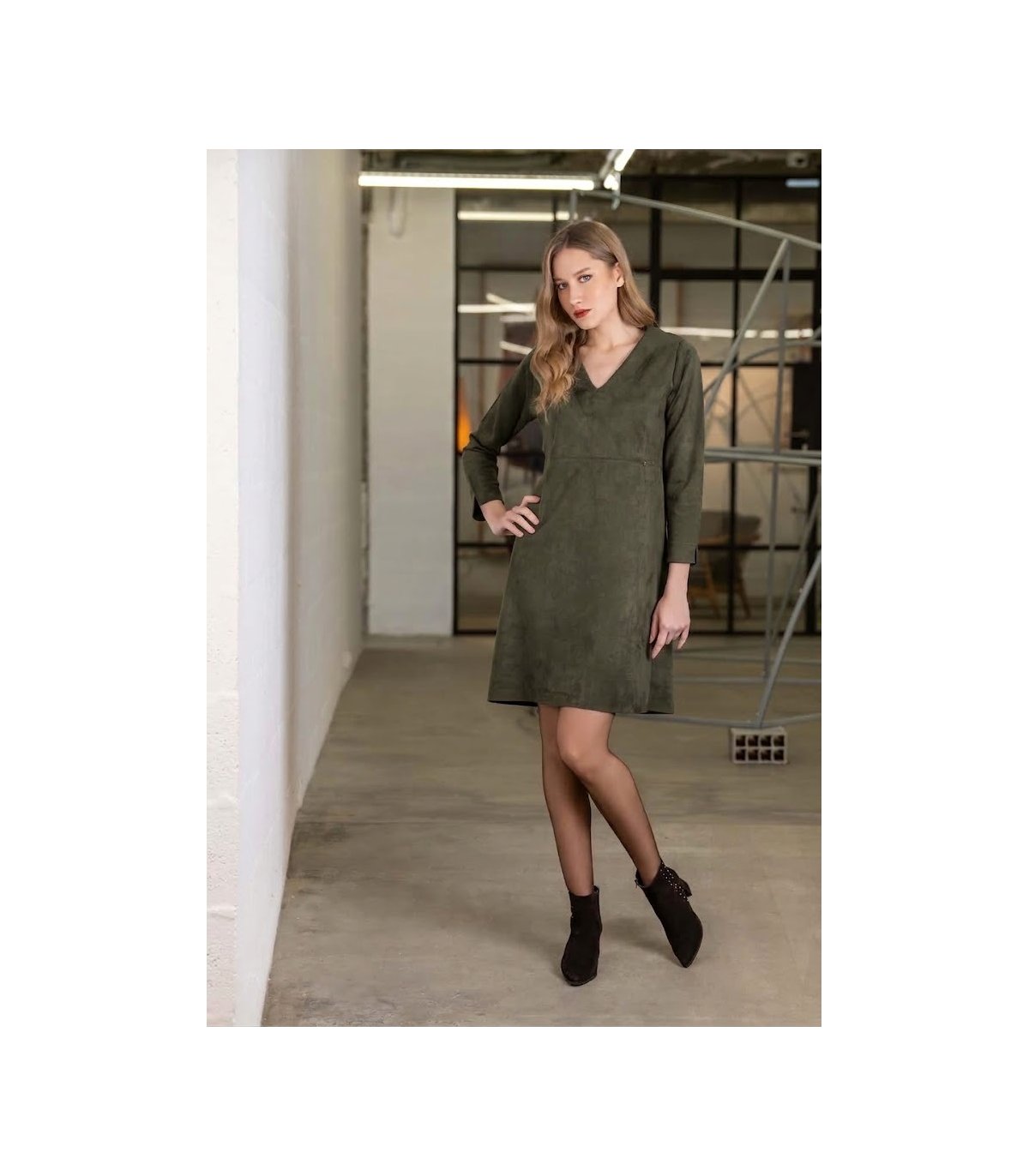 Scusi Vestido 3/4 efecto antelina verde kaki