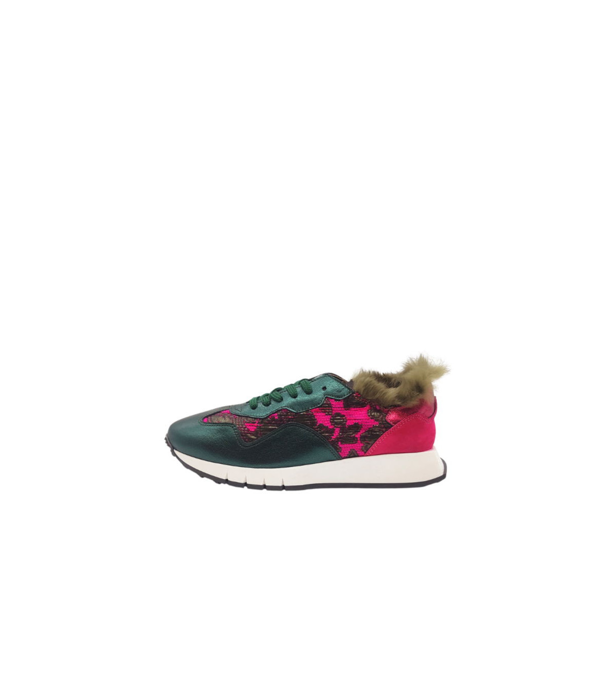Vosso Moda Sneaker piel verde con pelo decorativo