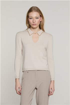 Relish Jersey de punto beige con escote lágrima y detalle dorado