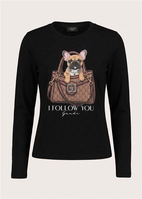GAUDI Camiseta color negro estampado gráfico y strass