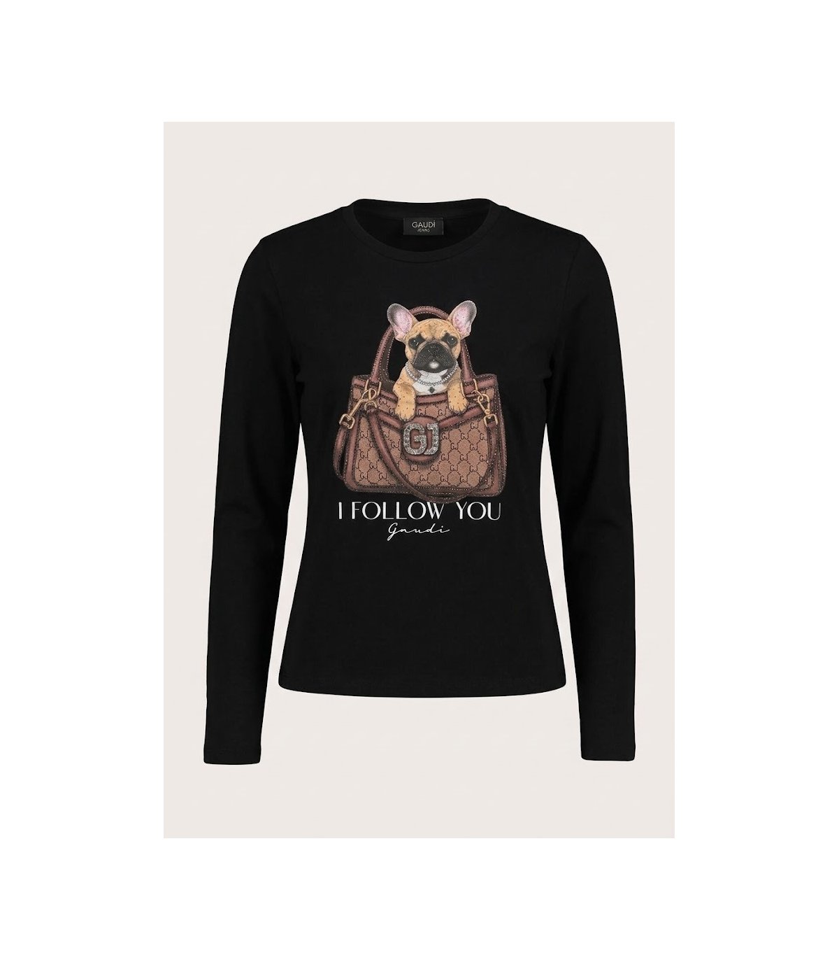 GAUDI Camiseta color negro estampado gráfico y strass