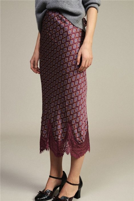Dixie Falda midi burdeos de estampado retro con encaje