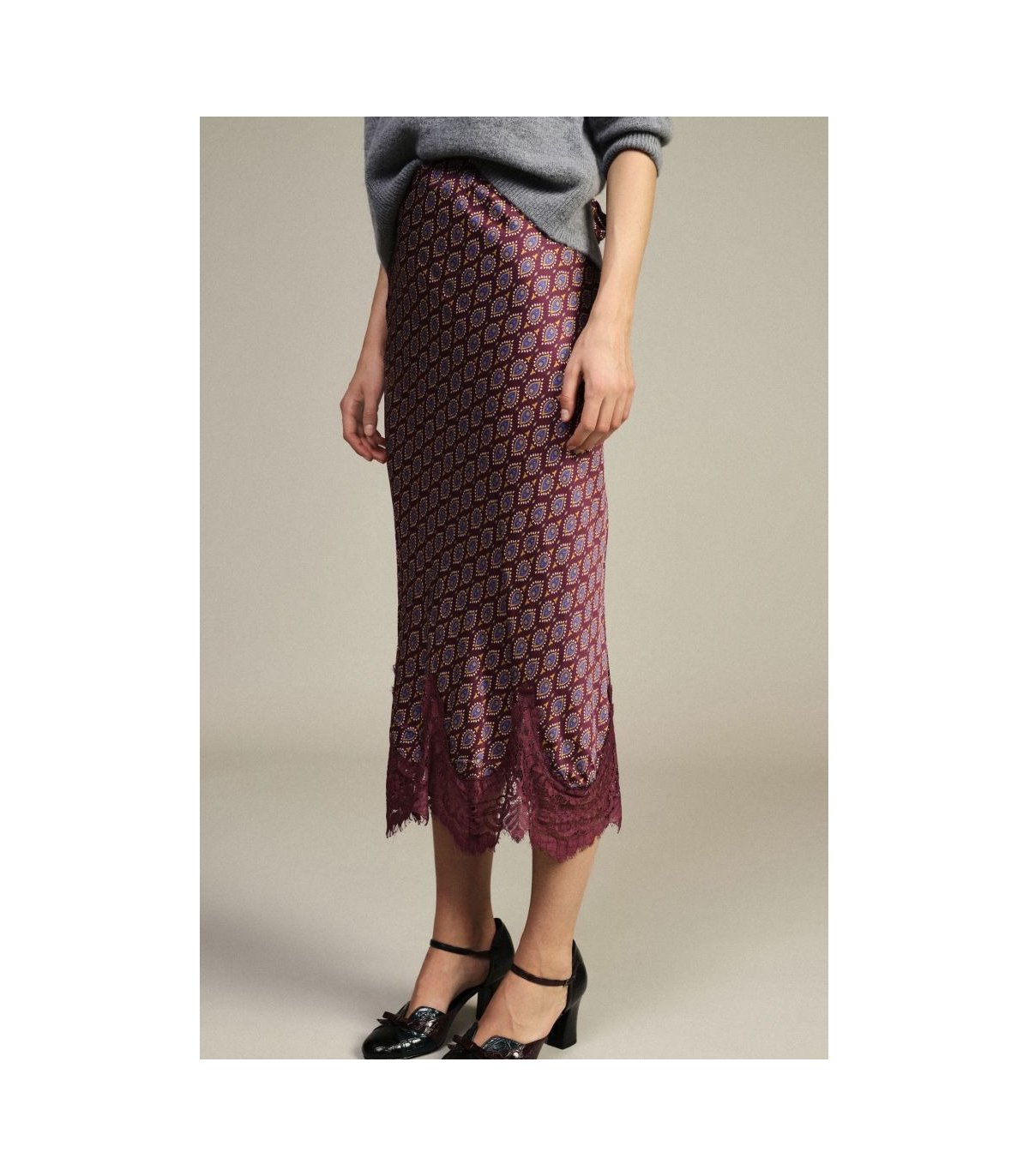 Dixie Falda midi burdeos de estampado retro con encaje