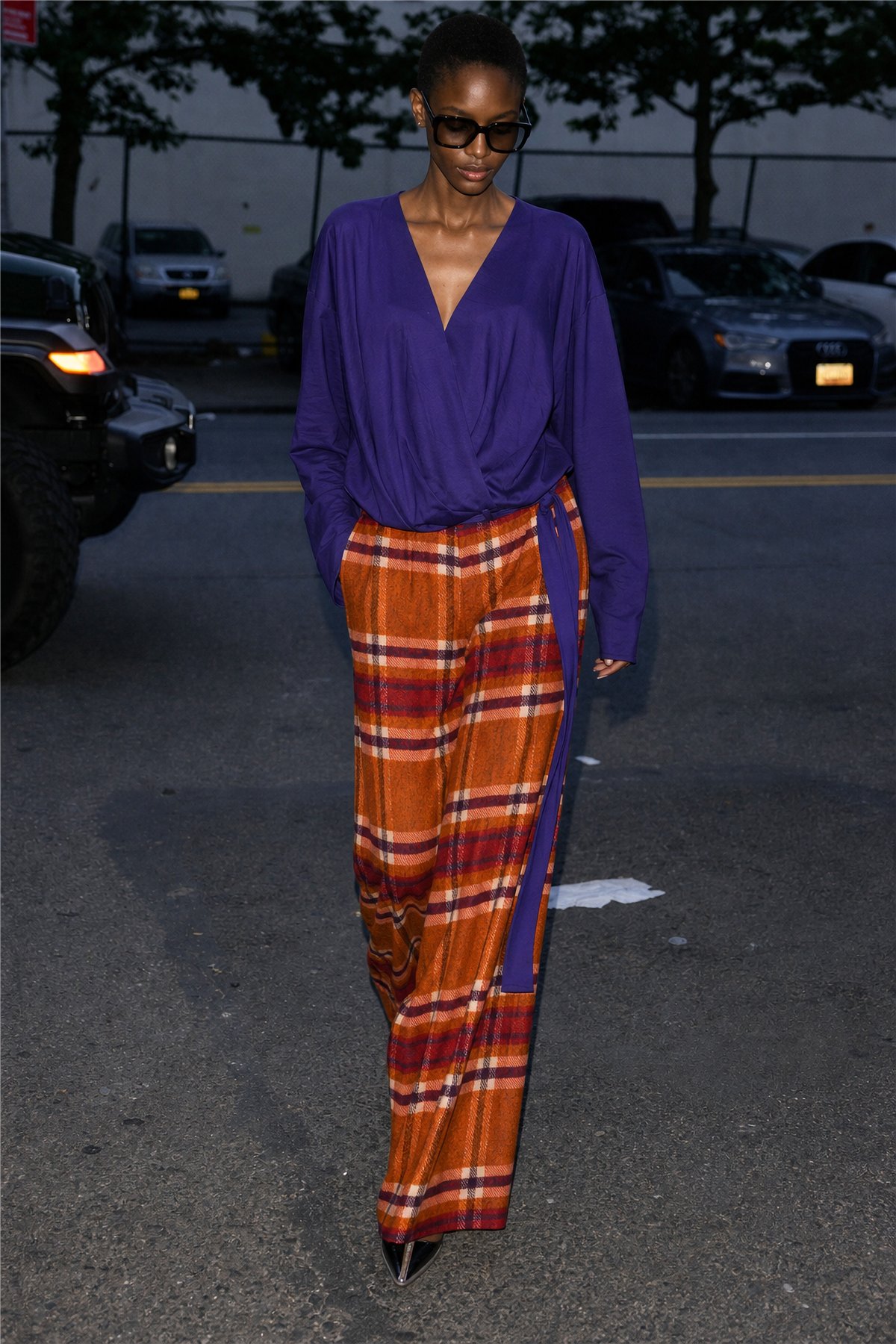HQ Pantalón palazzo estampado cuadros naranja-burdeos