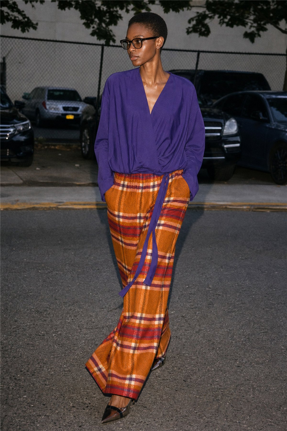 HQ Pantalón palazzo estampado cuadros naranja-burdeos