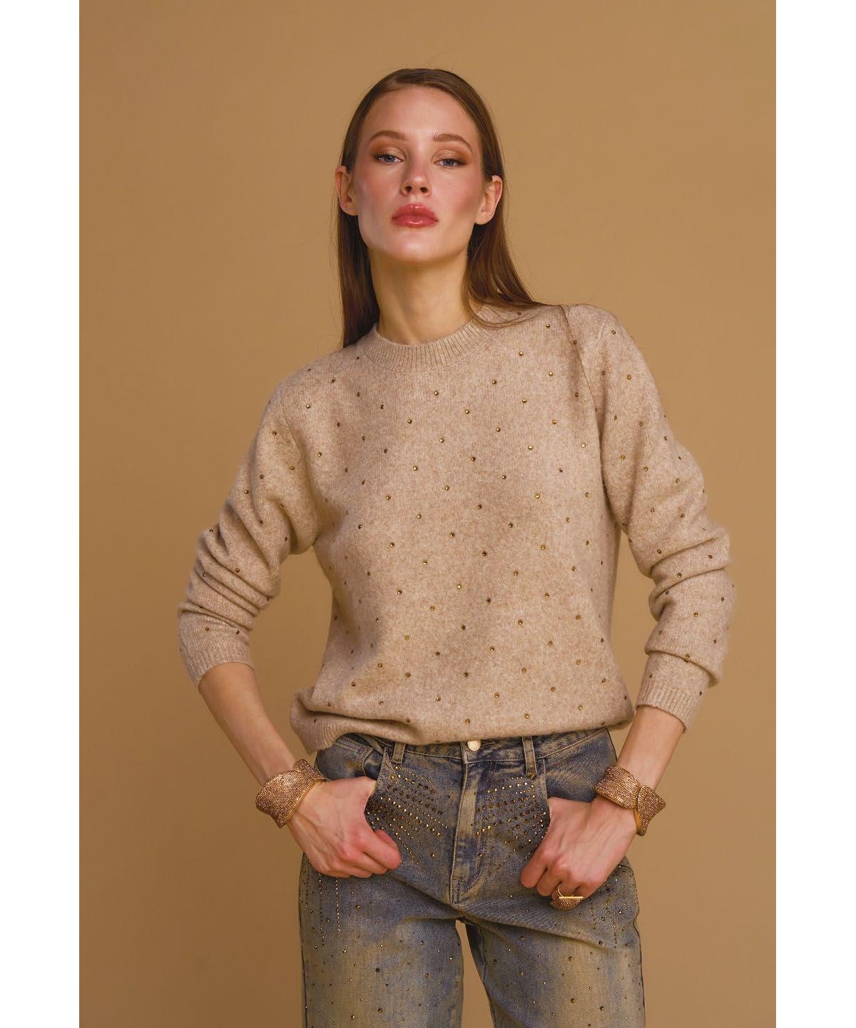 Nosecrets Jersey de punto beige con strass