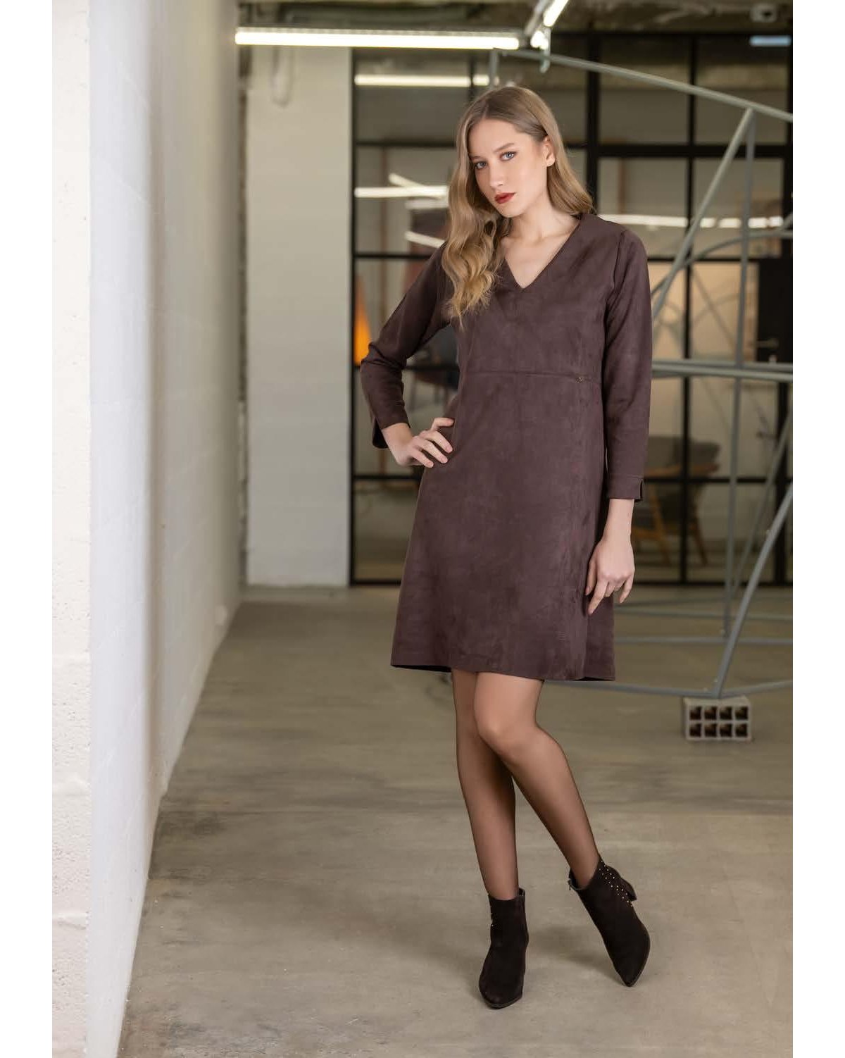 Scusi Vestido 3/4 efecto antelina color vino