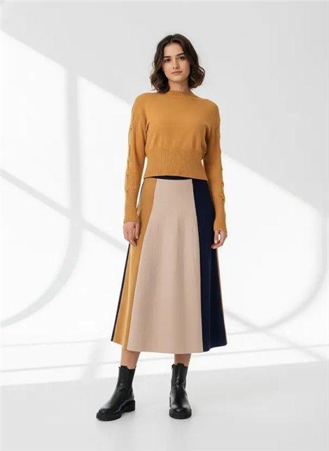 WNT Falda midi de punto rayas mostaza-marino