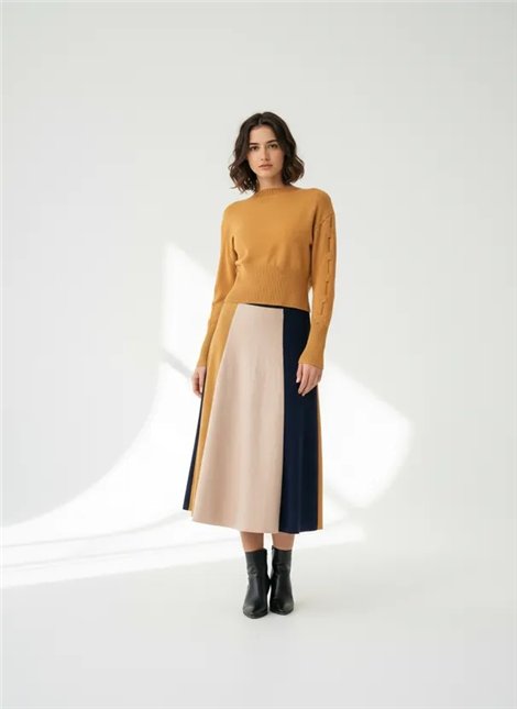 WNT Falda midi de punto rayas mostaza-marino