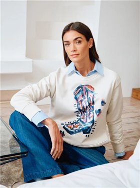Milano Italy Sudadera crema estampado bota lentejuelas