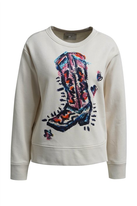 Milano Italy Sudadera crema estampado bota lentejuelas