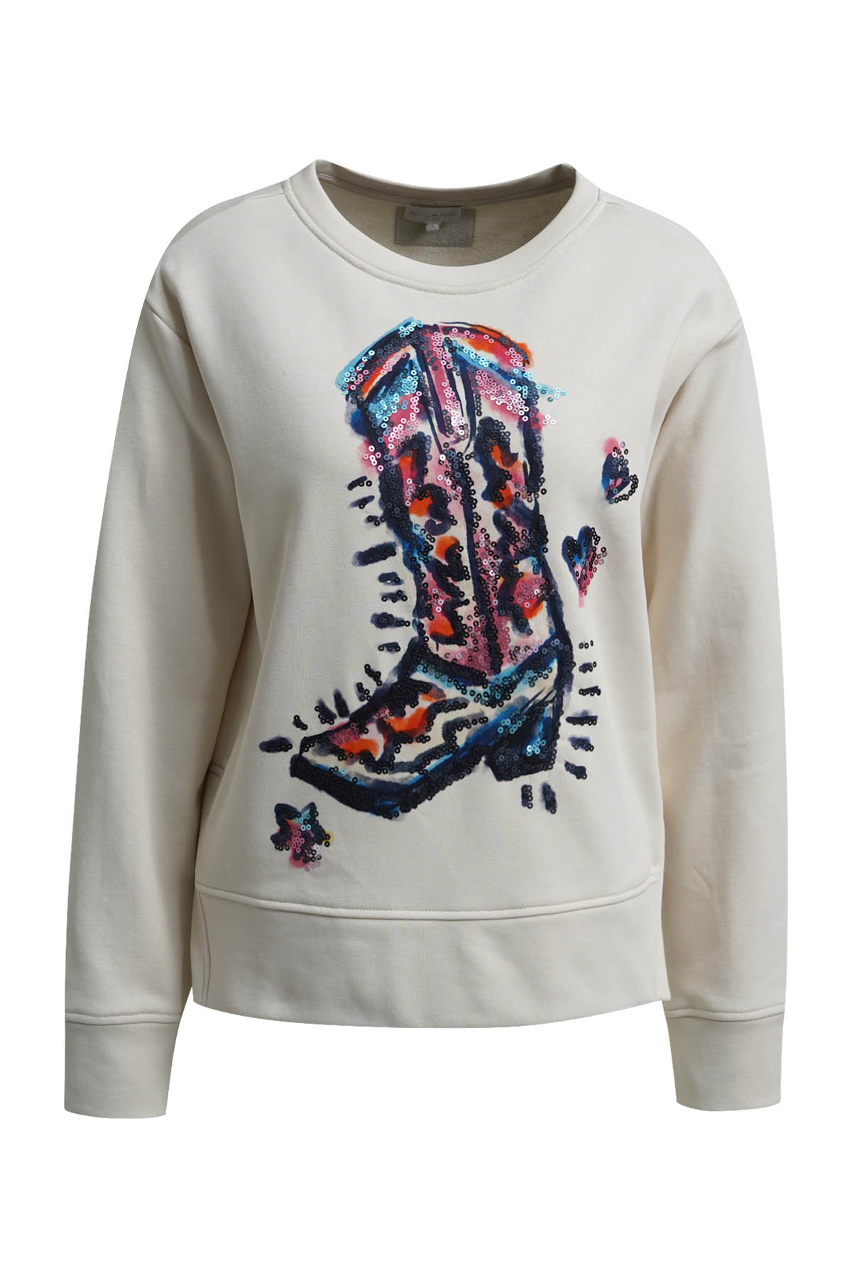 Milano Italy Sudadera crema estampado bota lentejuelas