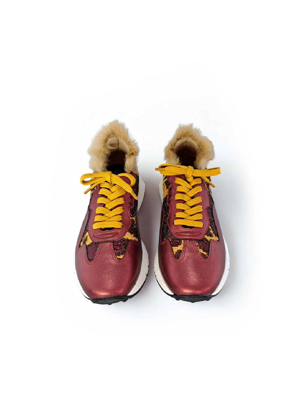 Vosso Moda Sneaker piel burdeos con pelo decorativo