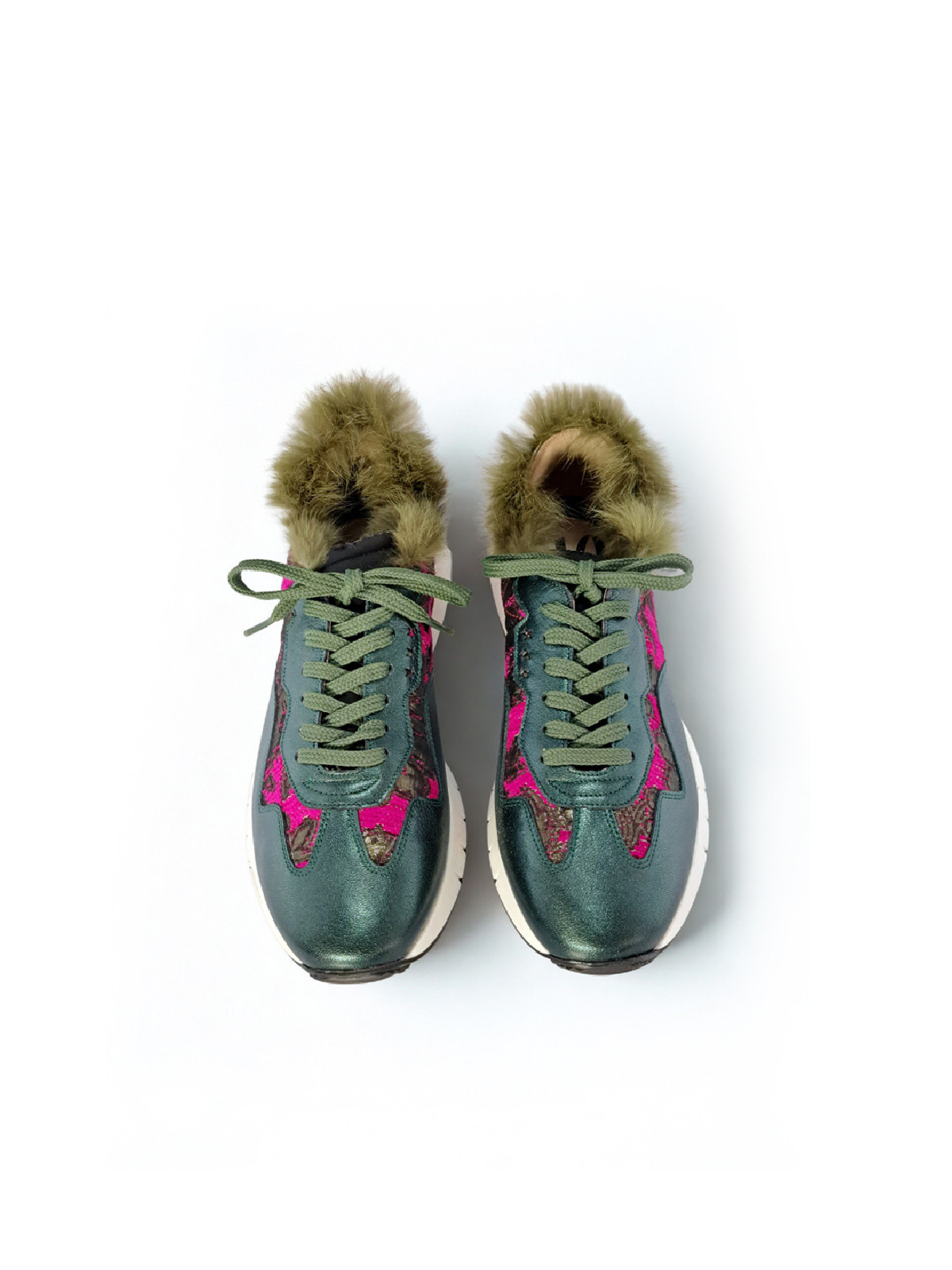 Vosso Moda Sneaker piel verde con pelo decorativo