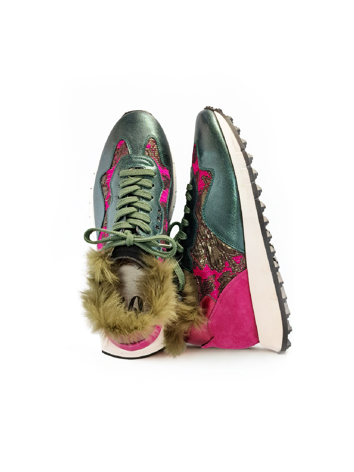 Vosso Moda Sneaker piel verde con pelo decorativo