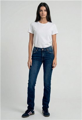 MET Jeans slim fit denim azul con detalle joyas
